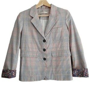 SESSUN Blazer Jacket Checkered Grid Pattern Floral Cuffs Sz S